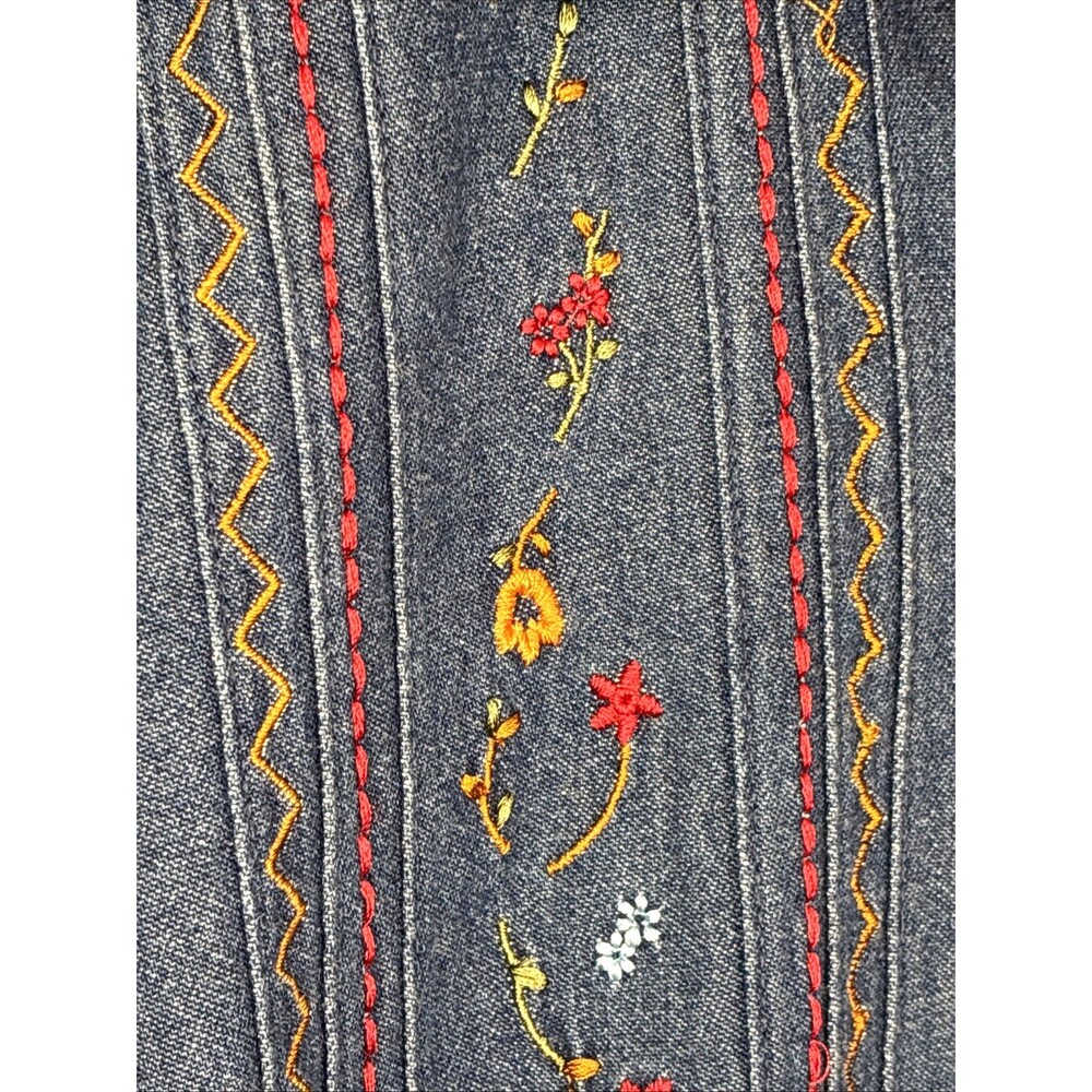 Vtg 90s Y2K Bobbie Brooks Denim Shirt Sz L Blue Floral Embroidery Red Plaid Trim - Picture 3 of 13